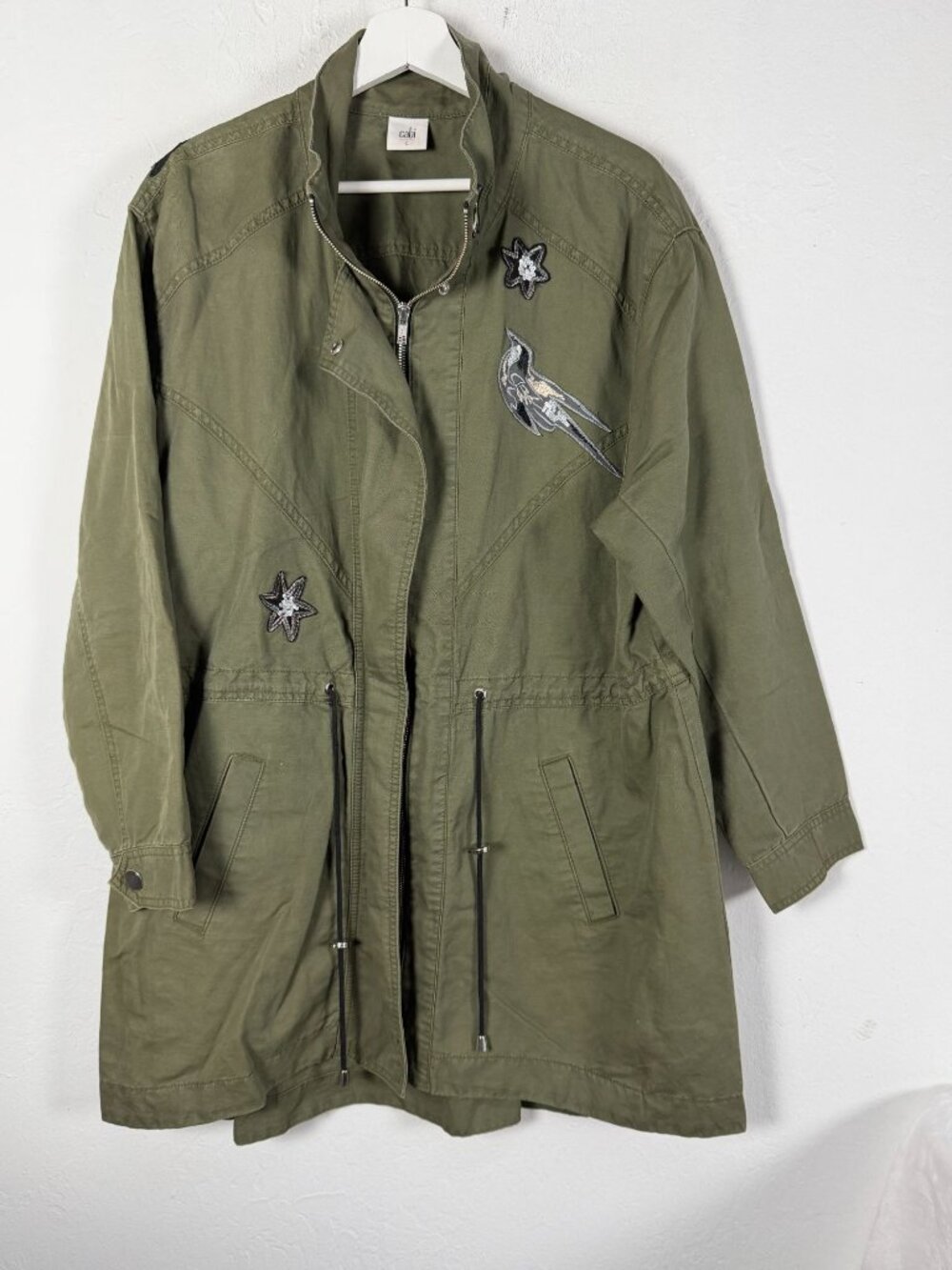 Cabi Women Hanson Anorak Utility Jacket Large Green Sequin Embroidered Bird Star